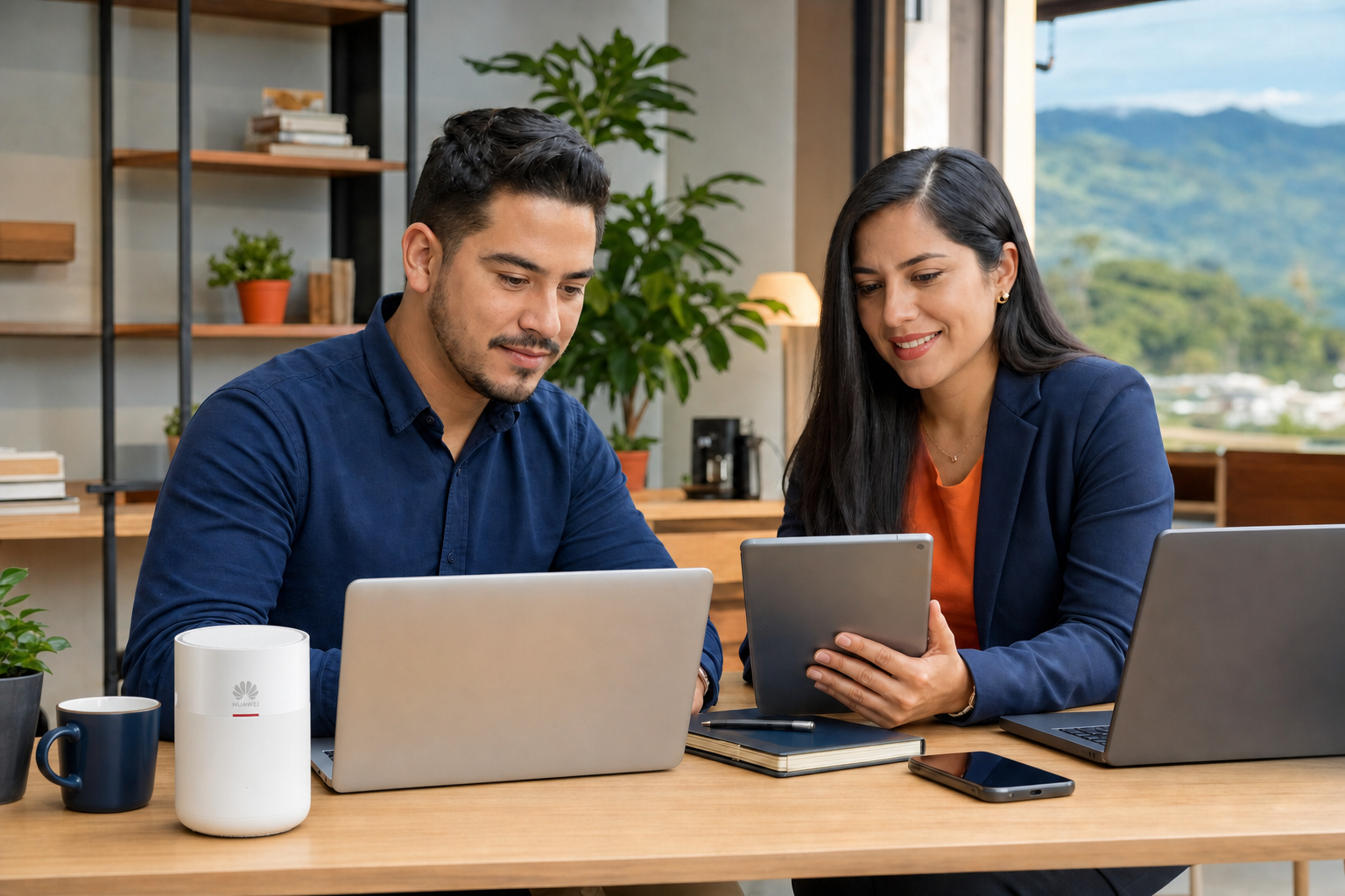 Equipo de trabajo conectado por Wi-Fi 6 con router Huawei de Red Planet