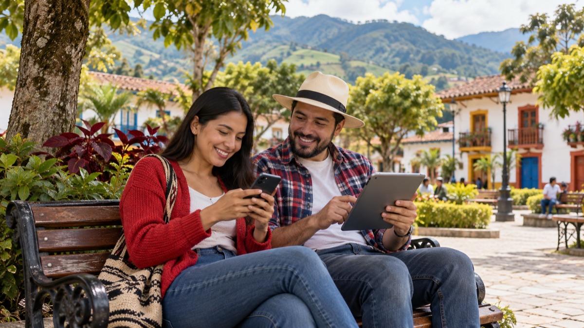 Dos personas usando un celular y una tableta en una plaza